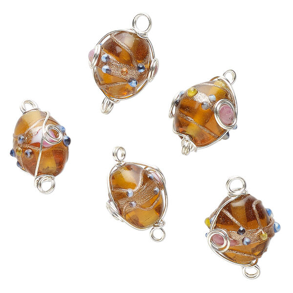 Link, silver-finished brass and lampworked glass, translucent brown and multicolored, 13x11mm-14x12mm wire-wrapped oval with copper-colored foil. Sold per pkg of 5. image number 0