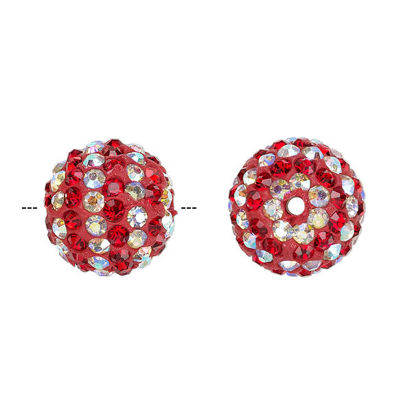 Bead, Egyptian glass rhinestone / epoxy / resin, red and clear AB, 14mm round with pavé striped design. Sold individually. image number 0