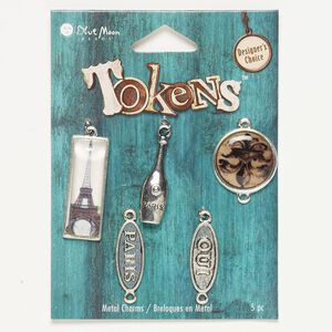 Drop and link mix, antique silver-finished "pewter" (zinc-based alloy) and resin, multicolored, (2) 22x9mm oval with "PARIS" / "OUI," (1) 22mm round with fleur-de-lis, (1) 32x12mm rectangle with Eiffel Tower and (1) 27x9mm wine bottle with "PARIS." Sold per pkg of 5.