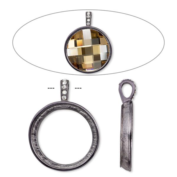 Pendant, Almost Instant Jewelry®, crystals and gunmetal-finished "pewter" (zinc-based alloy), crystal clear, 44x34mm single-sided smooth round with 30mm round setting. Sold individually. image number 0