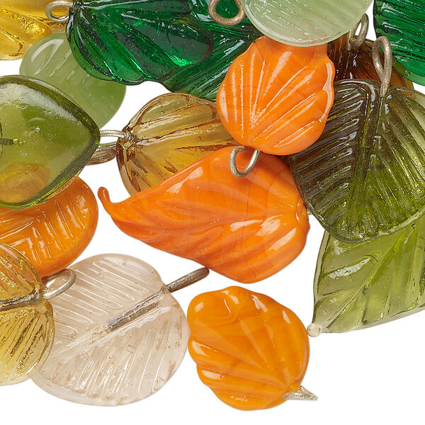 Drop mix, glass and brass, opaque to transparent green / orange / brown, 11mm-22x15mm double-sided leaf and heart. Sold per 50-gram pkg, approximately 50-55 drops. image number 0