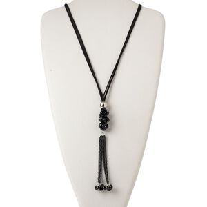 Necklace, 2-strand, velvet cord / steel / glass / silver-coated plastic, black, 8x6mm faceted rondelle with 6-inch dangle, 32 inches with knotted end. Sold individually.