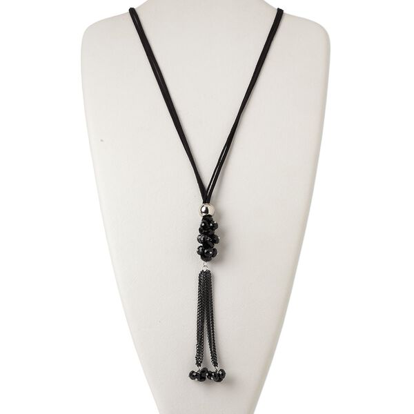 Necklace, 2-strand, velvet cord / steel / glass / silver-coated plastic, black, 8x6mm faceted rondelle with 6-inch dangle, 32 inches with knotted end. Sold individually. image number 0