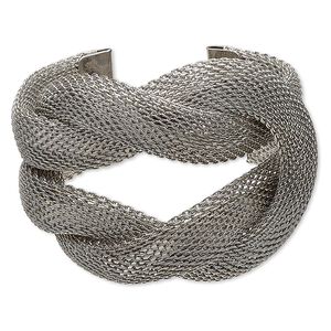Bracelet, cuff, gunmetal-plated steel, 58mm wide with woven square knot design, 6 inches. Sold individually.