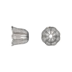 Cord end, pewter (tin-based alloy), pkg/1, antique silver plate, 10mm textured bell flower, 8mm inside diameter.