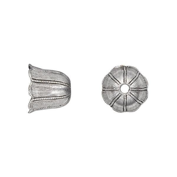 Cord end, pewter (tin-based alloy), pkg/1, antique silver plate, 10mm textured bell flower, 8mm inside diameter. image number 0