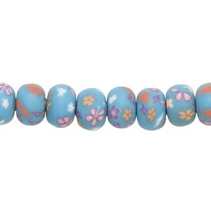 Bead, polymer clay, opaque light blue and multicolored, 8x6mm rondelle with flower design. Sold per 15-1/2 to 16-inch strand.
