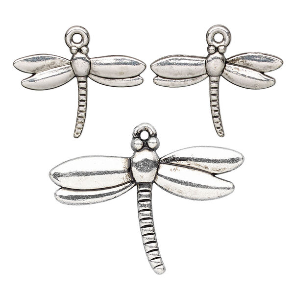 Focal and charm, antique silver-finished "pewter" (zinc-based alloy), (1) 30x20mm double-sided dragonfly and (2) 20x15mm double-sided dragonfly. Sold per 3-piece set. image number 0