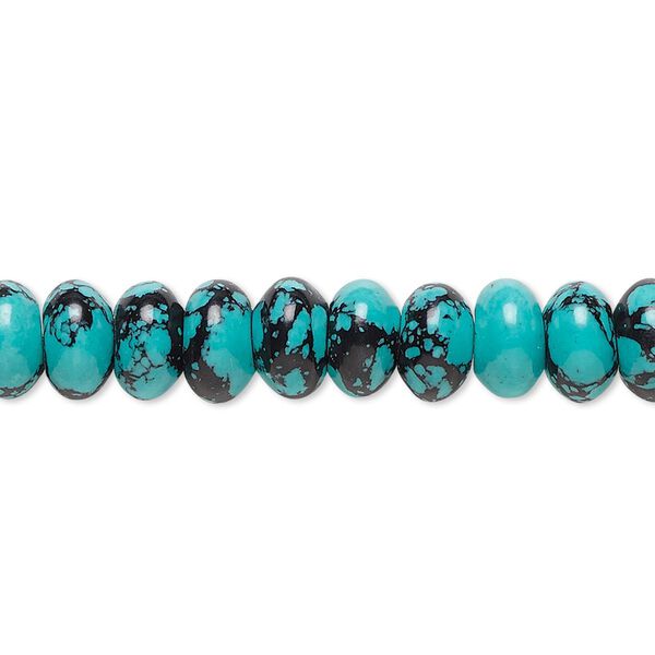 Bead, "turquoise" (resin) (imitation), blue and black, 8x5mm rondelle with matrix. Sold per 8-inch strand, approximately 40 beads. image number 0