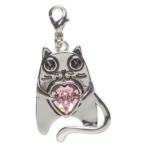 Charm, brass, pkg/1, 28x22mm cat with lobster claw clasp, silver finish / pink / black.