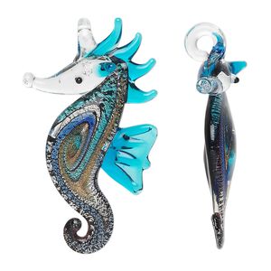 Focal, lampworked glass, multicolored with silver-colored foil and gold-colored glitter, 59x35mm seahorse with swirl pattern. Sold individually.