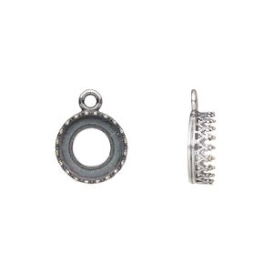 Drop, JBB Findings, antique silver-plated brass, 11.5mm round with decorative trim, 10mm round bezel setting. Sold per pkg of 2.
