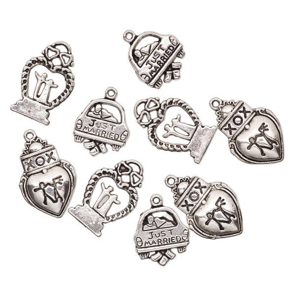 Charm mix, "pewter" (zinc-based alloy), pkg/9, (3) 16x16mm car with "Just Married" / 23x16mm fancy heart with "XOX" / 21x15mm cake topper. image number 0