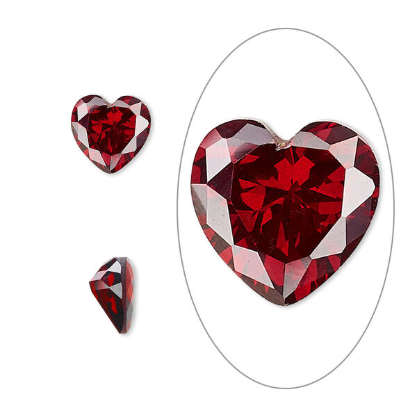 Gem, cubic zirconia, garnet red, 8mm faceted heart, Mohs hardness 8-1/2. Sold individually. image number 0
