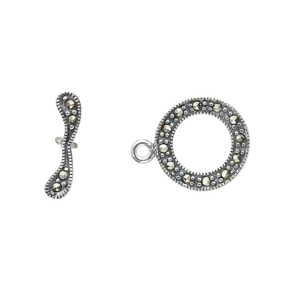 Clasp, toggle, marcasite (natural) and antiqued sterling silver, 14mm single-sided round. Sold individually. image number 0