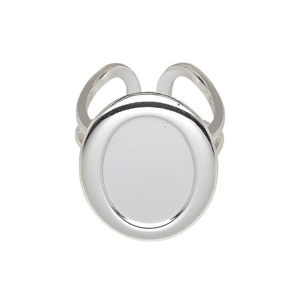 Ring, silver-plated "pewter" (zinc-based alloy) and brass, 24x20mm with 18x13mm oval setting, adjustable. Sold individually. image number 0