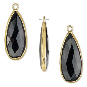Drop, black onyx (dyed) and gold-finished sterling silver, 27x12mm double-sided faceted teardrop. Sold per pkg of 2.