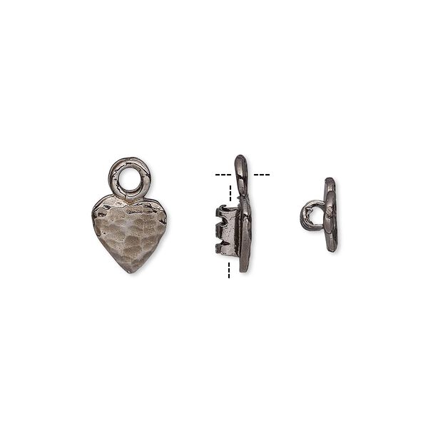 Crimp end, gunmetal-plated brass, 8x7.5mm textured heart with loop, 2mm inside diameter. Sold per pkg of 2. image number 0