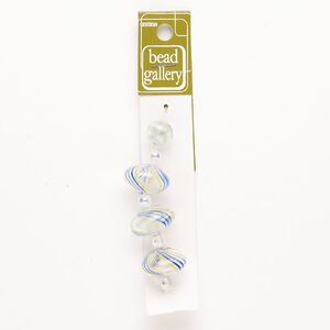 Bead 1pkg4 handblown glass, mixed sizes / line design, assortment transparent blue / yellow / clear