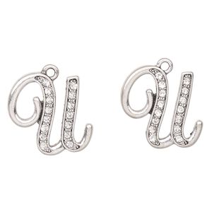 Charm, antique silver-finished "pewter" (zinc-based alloy) and glass, clear, 22x21mm letter "U". Sold per pkg of 2.