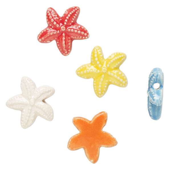 Bead, painted and glazed ceramic, assorted colors, 18mm single-sided starfish. Sold per pkg of 5. image number 0