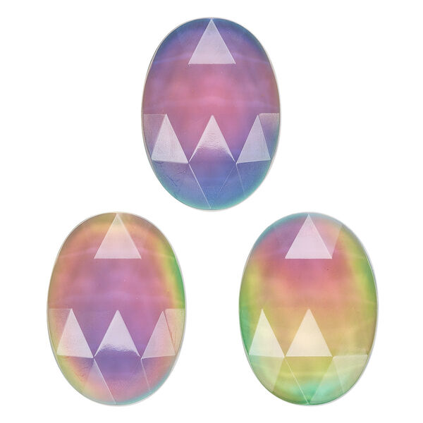 Cabochon, acrylic, multicolored, 25x18mm color-changing non-calibrated faceted oval. Sold per pkg of 4. image number 0