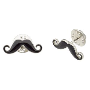 Spot pin, enamel and silver-plated "pewter" (zinc-based alloy), black, 22x7mm mustache. Sold per pkg of 2.