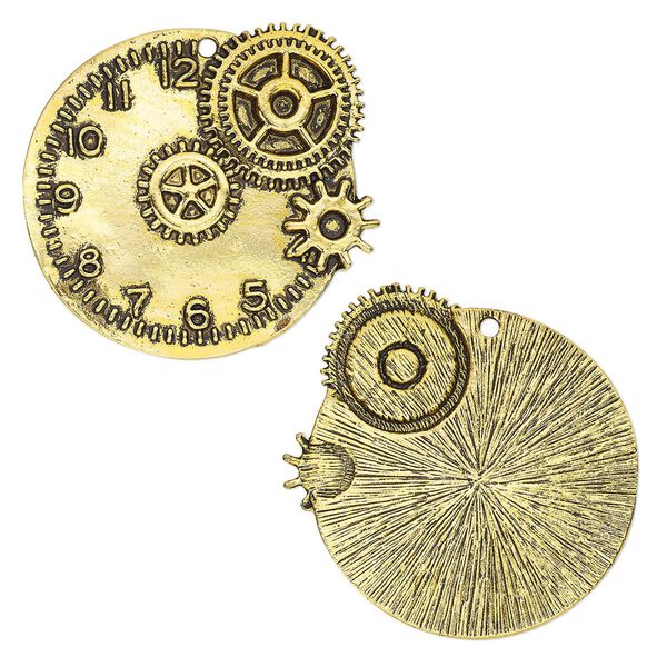 Focal, antique gold-finished "pewter" (zinc-based alloy), 47x45mm single-sided clock gears. Sold individually. image number 0