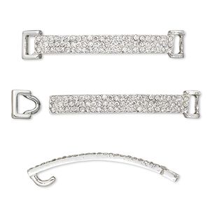 Clasp, hook-and-eye, glass rhinestone and silver-finished "pewter" (zinc-based alloy), clear, 48x8mm single-sided curved rectangle, 5x2.5mm inside diameter. Sold per 2-piece set.