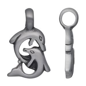 Pendant, Almost Jewelry™, "pewter" (zinc-based alloy), 33x21mm single-sided double dolphins. Sold individually.