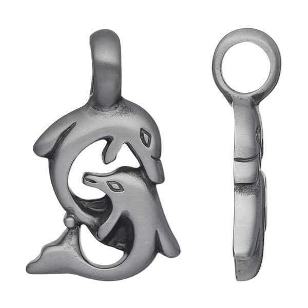 Pendant, Almost Jewelry™, "pewter" (zinc-based alloy), 33x21mm single-sided double dolphins. Sold individually. image number 0