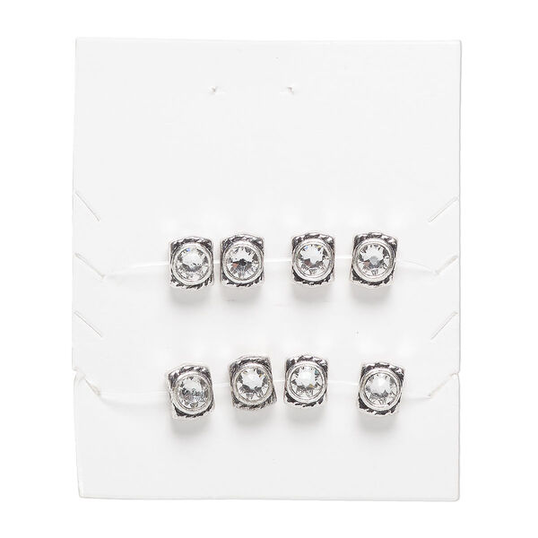 Bead, "pewter" (zinc-based alloy) and crystal, pkg/8, 9x7mm rectangle, antique silver finish and clear. image number 0