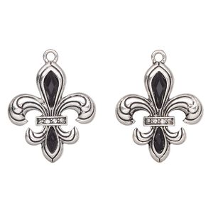 Charm, antique silver-finished "pewter" (zinc-based alloy) and glass, black, 27x23mm fleur-de-lis. Sold per pkg of 2.
