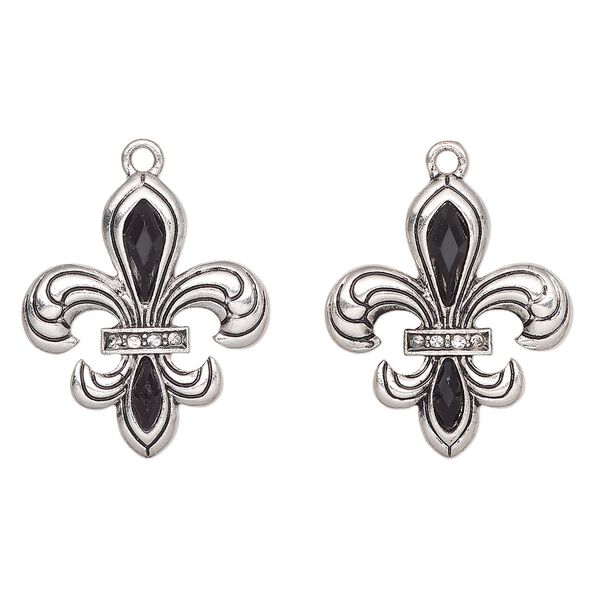 Charm, antique silver-finished "pewter" (zinc-based alloy) and glass, black, 27x23mm fleur-de-lis. Sold per pkg of 2. image number 0