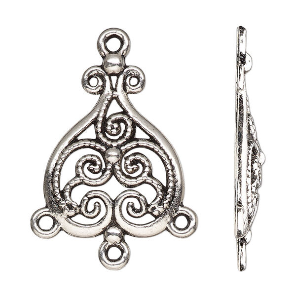 Drop, antique silver-finished "pewter" (zinc-based alloy), 29x21mm single-sided domed filigree spade with 3 closed loops. Sold per pkg of 10. image number 0