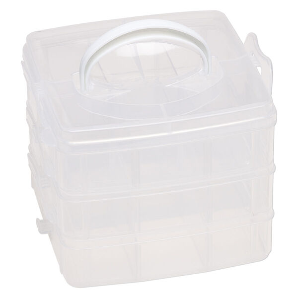 Organizer, acrylic, white and clear, 6-1/4 x 5-3/4 x 5 inches with 3 stackable trays each with compartments. Sold individually. image number 1