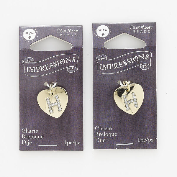 Charm, gold-finished "pewter" (zinc-based alloy) / steel / acrylic rhinestone, clear, 15.5x15mm single-sided puffed heart with letter "H." Sold per pkg of 2. image number 0