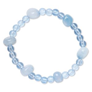 Bracelet, stretch, quartz (dyed) and acrylic, blue, 5mm round and mini to small nugget, 6-1/2 inches. Sold individually.