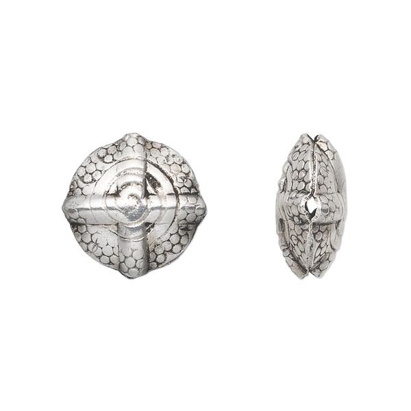 Bead, Hill Tribes, antique silver-plated copper, 16mm double-sided textured puffed flat round with swirl design. Sold individually. image number 0