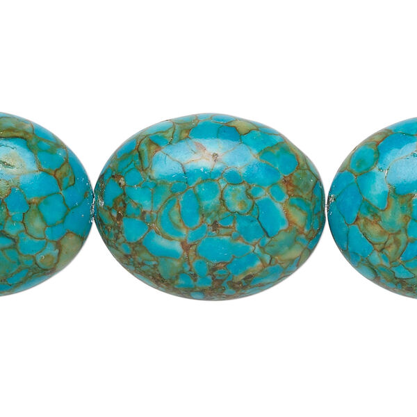 Bead, mosaic "turquoise" (magnesite) (dyed / assembled), blue, 25x20mm oval, B grade, Mohs hardness 3-1/2 to 4. Sold per 15-1/2" to 16" strand. image number 0
