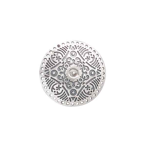 Drop, antiqued sterling silver, pkg/1, 20mm single-sided domed disc with geometric design. image number 0
