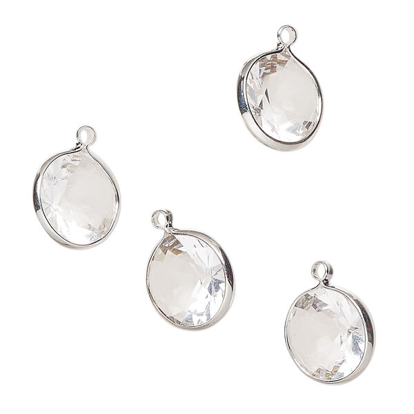 Drop, silver-finished brass, translucent crystal silver, clear, 10mm faceted round with open back. Sold per pkg of 4. image number 0