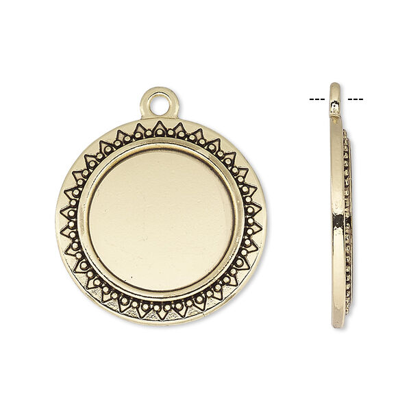 Drop, antique gold-finished "pewter" (zinc-based alloy), 23mm round with beaded and triangle edge with 16mm round setting. Sold per pkg of 6. image number 0