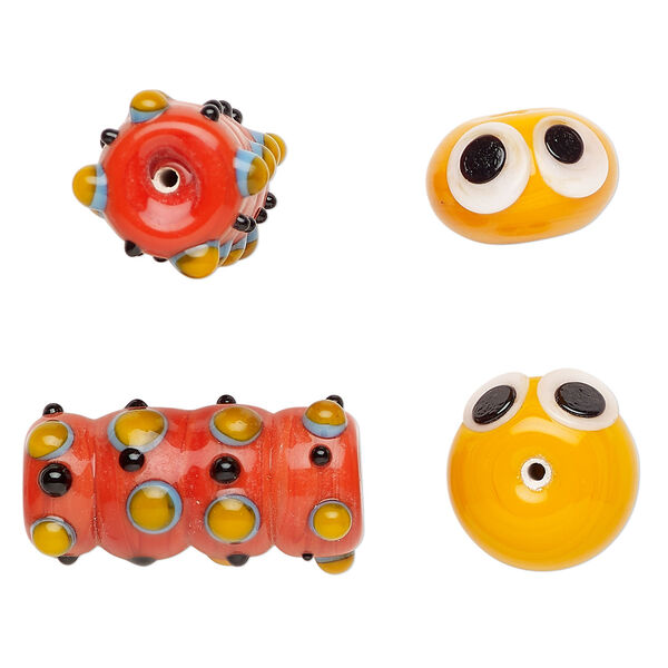 Bead, lampworked glass 2pkg2, multicolored, 17x12mm/29x18mm caterpillar head and body. image number 0
