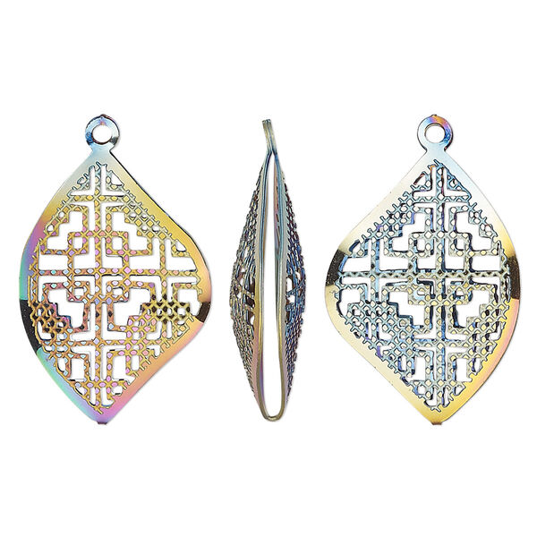Drop, electro-coated stainless steel, rainbow, 22x16mm double-sided domed freeform with textured cutout geometric design. Sold per pkg of 6. image number 0