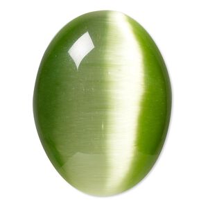 Cabochon, cat's eye glass (fiber optic glass), light green, 40x30mm calibrated oval, quality grade. Sold individually.