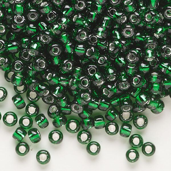 Seed bead, Dyna-Mites™, glass, transparent silver-lined emerald green, #6 round. Sold per 40-gram pkg. image number 0