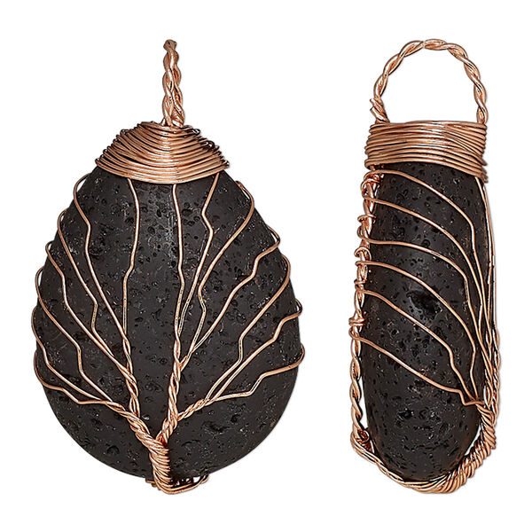 Pendant, lava rock (waxed) and copper-plated brass, 42x31mm-49x31mm single-sided puffed teardrop with tree of life design. Sold individually. image number 0