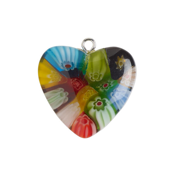 Component 1pkg1, silver-finished steel / millefiori glass, opaque to transparent multicolored, 23-25mm puffed heart. image number 0
