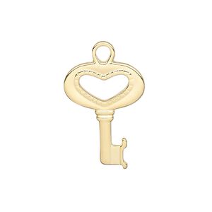 Charm, gold-plated "pewter" (zinc-based alloy), 27x17mm double-sided key. Sold per pkg of 12.